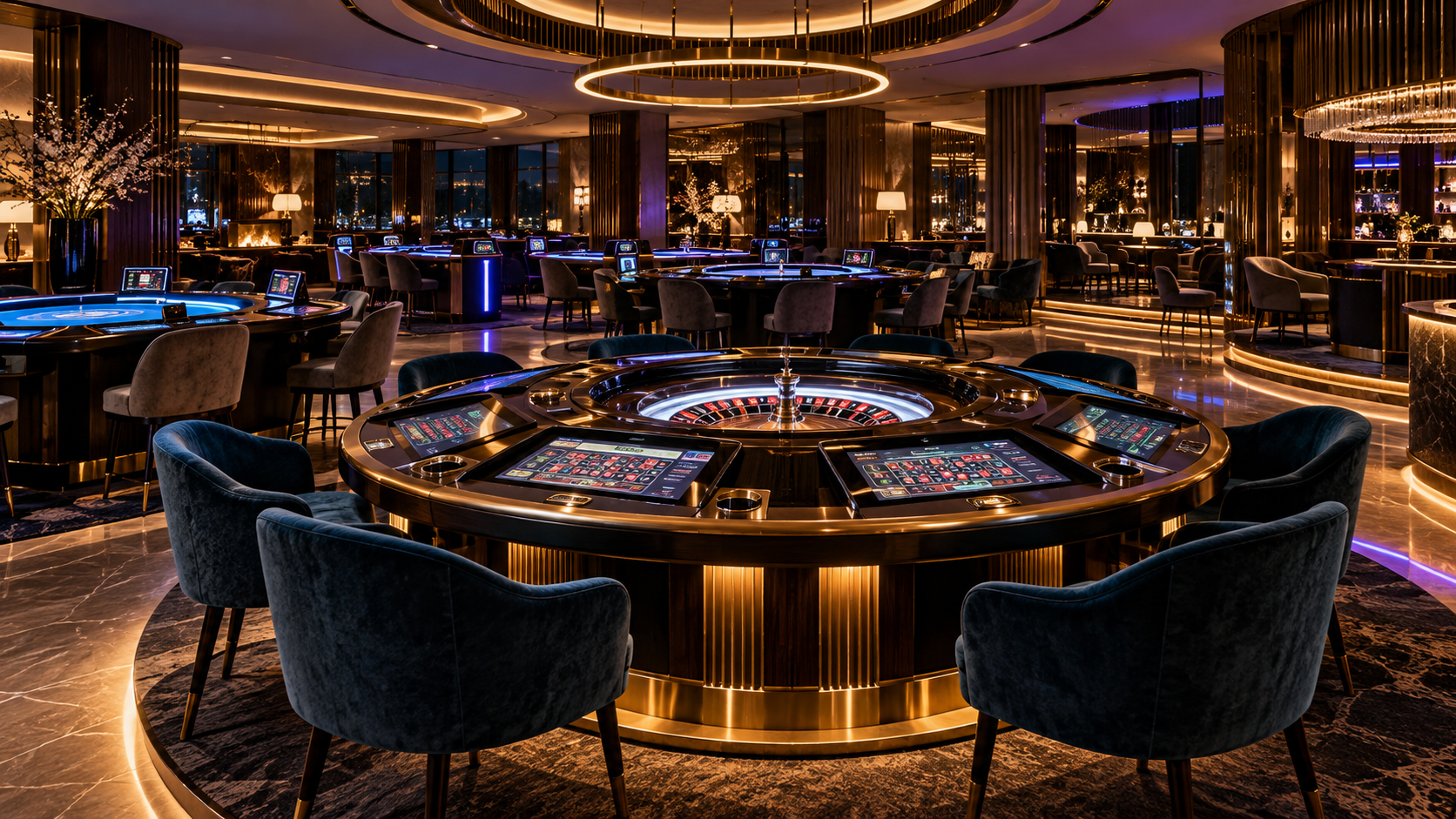 Circular electronic roulette tables beneath amber and violet ceiling lights