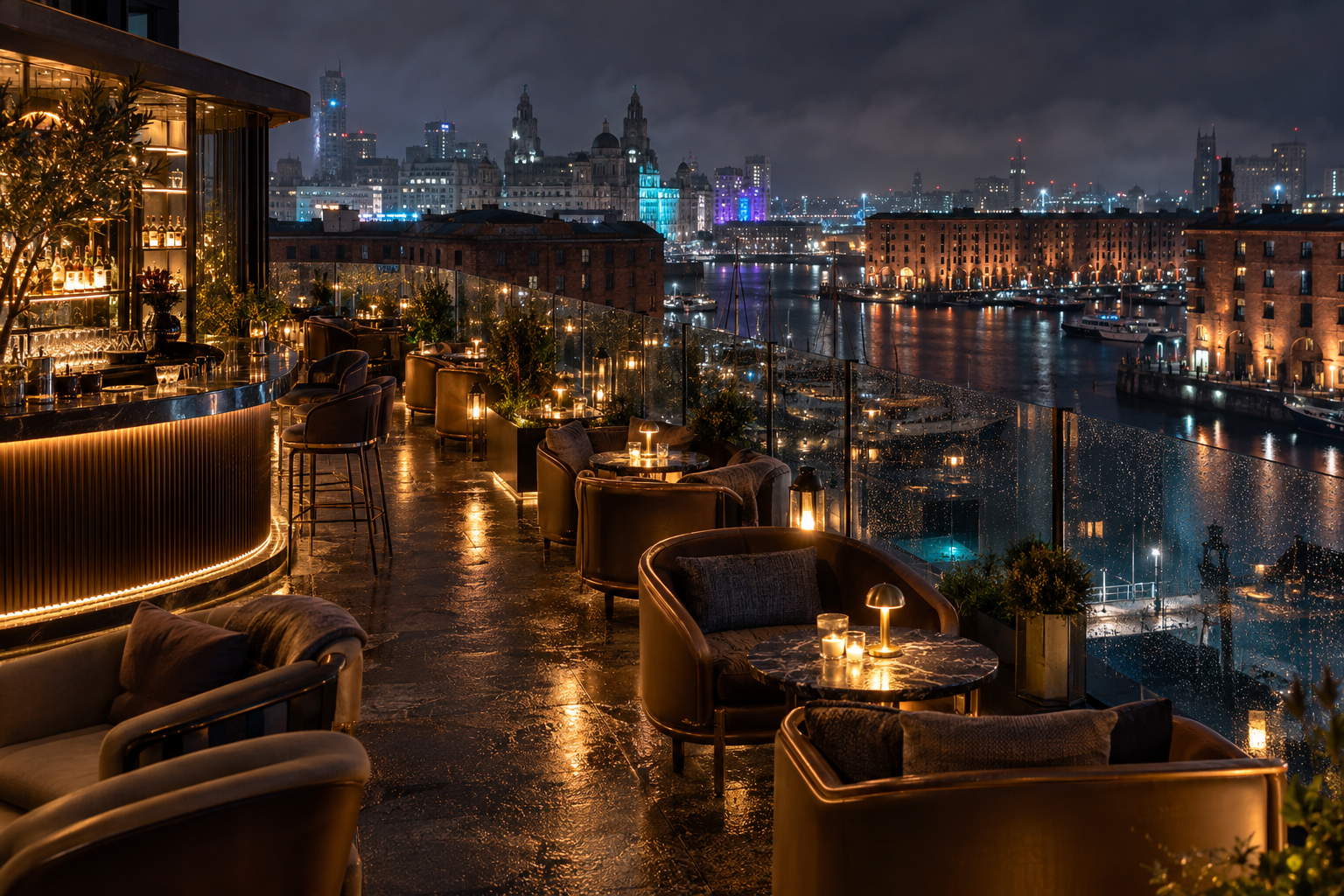 Amber-lit rooftop cocktail terrace overlooking a United Kingdom harbour after dark