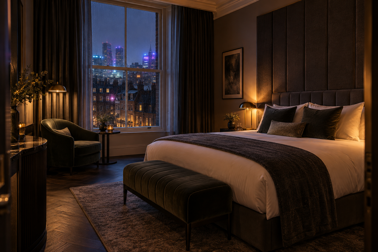 Sound-insulated premium hotel room with dark textiles and a blue city view